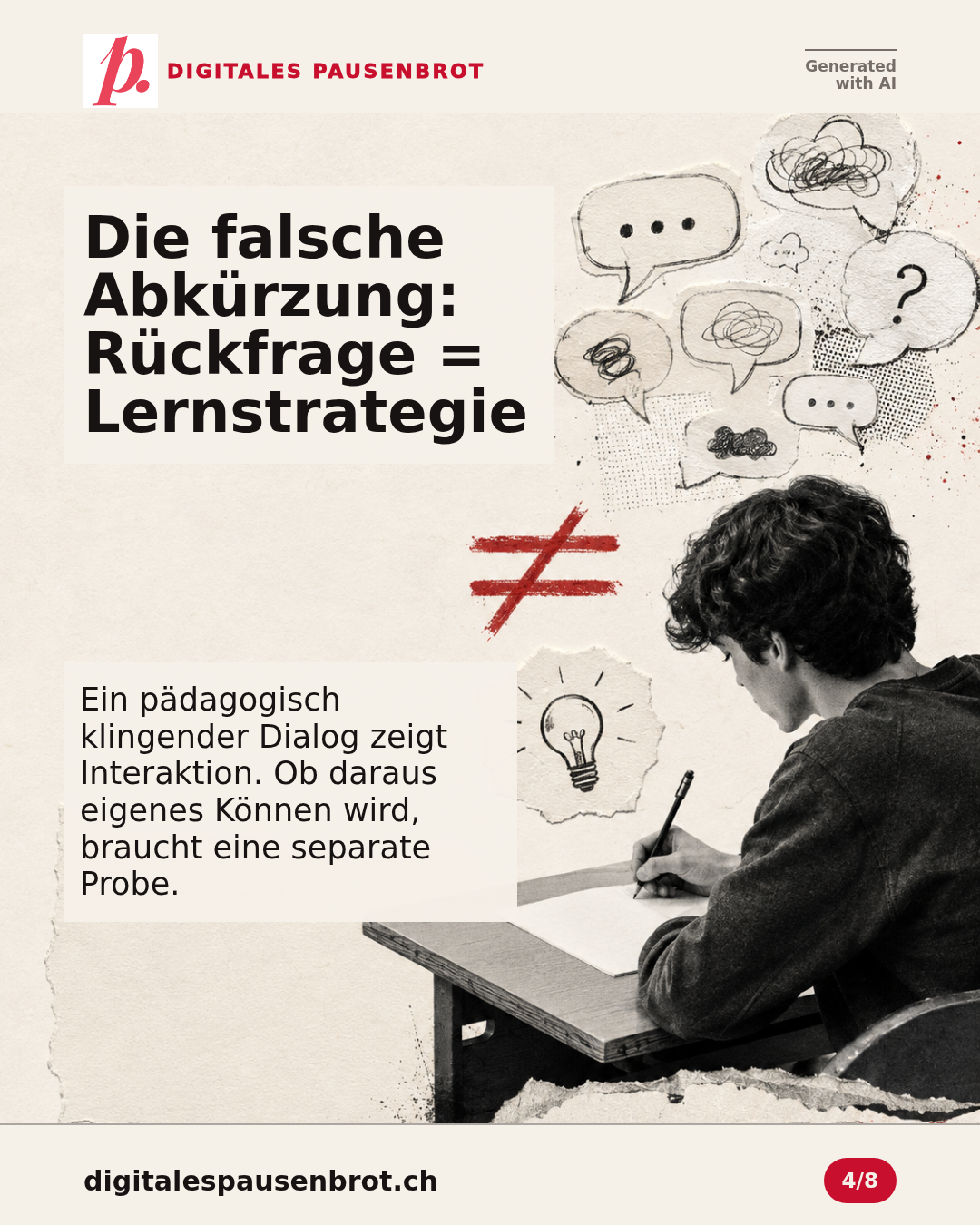 Die Gegenüberstellung Rückfrage ungleich Lernstrategie zeigt: Ein pädagogisch klingender Dialog belegt noch kein eigenes Können.