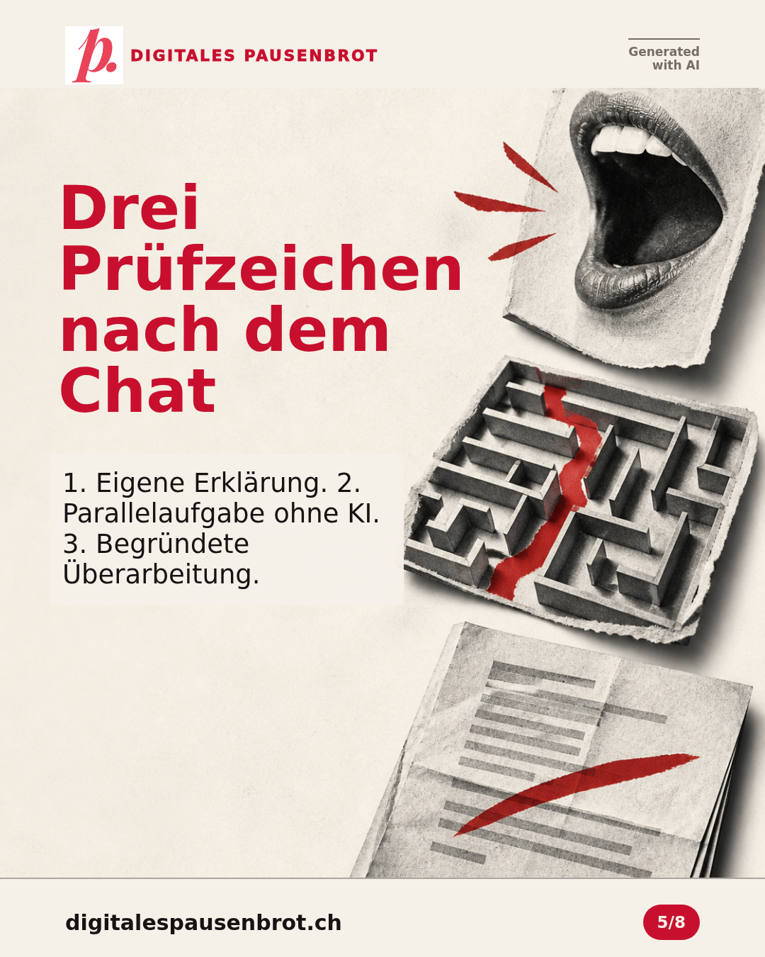 Drei Prüfzeichen nach dem Chat: eigene Erklärung, Parallelaufgabe ohne KI und begründete Überarbeitung.