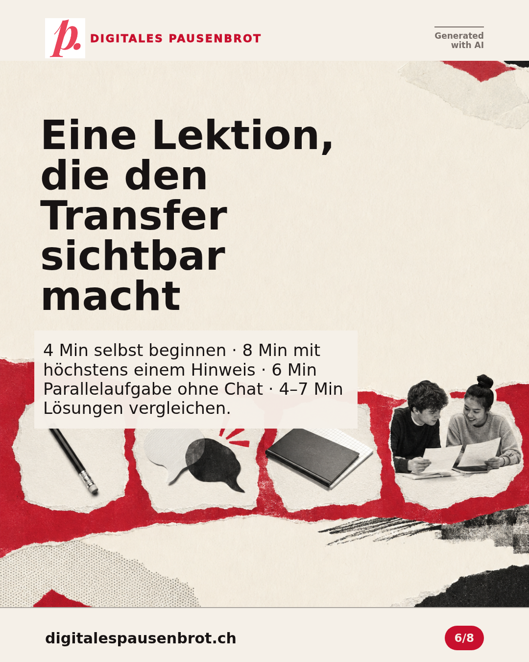 Eine Unterrichtssequenz macht Transfer sichtbar: selbst beginnen, einen Hinweis nutzen, ohne Chat übertragen und Lösungen vergleichen.