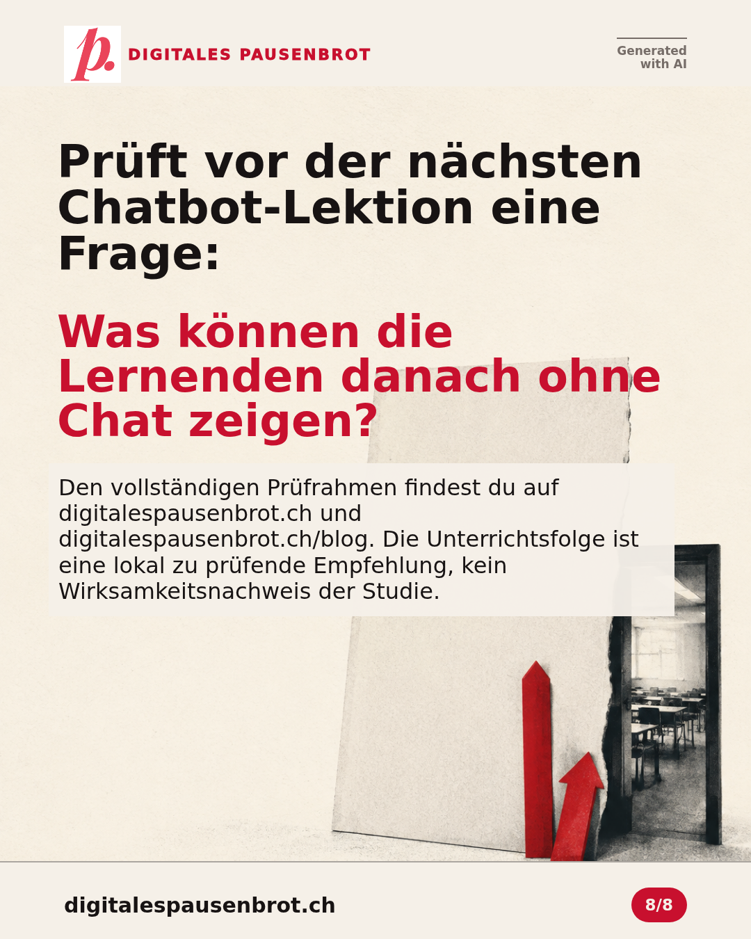 Die abschliessende Planungsfrage lautet: Was können die Lernenden danach ohne Chat zeigen? Die Unterrichtsfolge ist eine lokal zu prüfende Empfehlung.