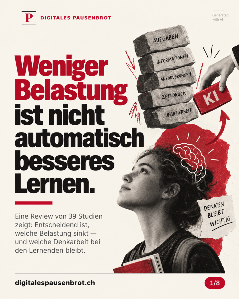 Leserichtung von oben nach unten. Zuerst die Aussage «Weniger Belastung ist nicht automatisch besseres Lernen». Darunter: Eine Review umfasst 39 Studien. Entscheidend ist, welche Belastung sinkt und welche Denkarbeit bei den Lernenden bleibt. Die beiden Aussagen sind durch Abstand getrennt; ihre Beziehung wird nicht allein durch Farbe vermittelt.