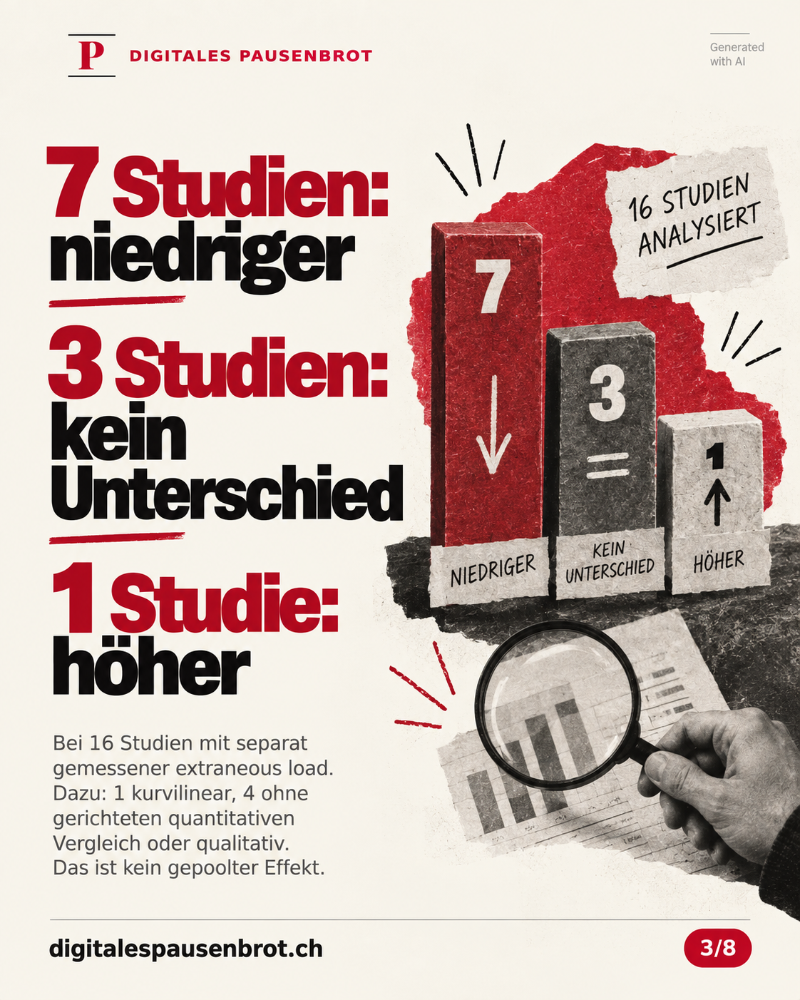 Leserichtung von oben nach unten. Nenner sind 16 Studien mit separat gemessener extraneous load. Die fünf Kategorien lauten: 7 Studien mit niedrigerem Wert, 3 ohne Unterschied, 1 mit höherem Wert, 1 mit kurvilinearem Befund und 4 ohne gerichteten quantitativen Vergleich oder mit qualitativen Befunden. 7 + 3 + 1 + 1 + 4 ergibt 16. Die Kategorien stehen als Zahlen und Wörter da, nicht nur als Farben. Sie sind eine deskriptive Verteilung, kein gepoolter Effekt und dürfen wegen überlappender Messgruppen nicht mit anderen Gruppen zu 39 addiert werden.