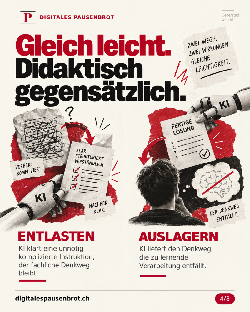 Leserichtung zuerst links, dann rechts. Linker Fall, mit dem Wort «ENTLASTEN» beschriftet: Die KI klärt eine unnötig komplizierte Instruktion; der fachliche Denkweg bleibt bei den Lernenden. Rechter Fall, mit «AUSLAGERN» beschriftet: Die KI liefert den Denkweg; die zu lernende Verarbeitung entfällt. Beide Fälle können sich gleich leicht anfühlen, sind didaktisch aber gegensätzlich. Die Unterscheidung beruht auf Beschriftung und Position, nicht nur auf Farbe.
