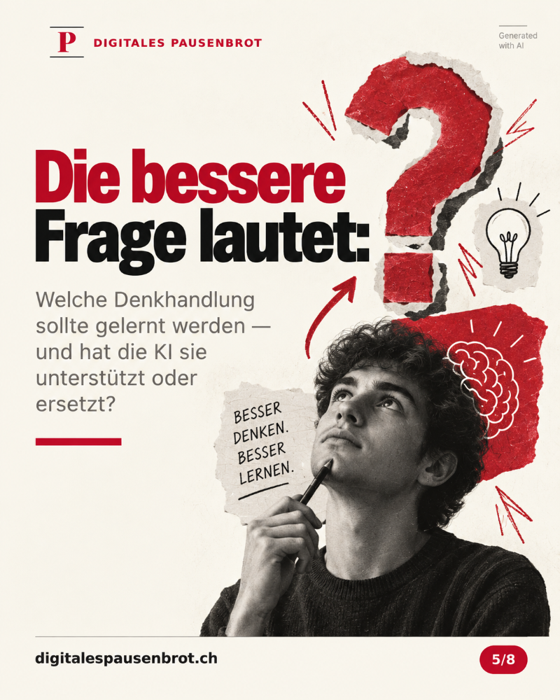 Ein typografischer Wendepunkt mit einer einzigen Frage, von oben nach unten zu lesen: Welche Denkhandlung sollte gelernt werden — und hat die KI sie unterstützt oder ersetzt? Die Wörter «unterstützt» und «ersetzt» sind ausgeschrieben; der Gegensatz wird nicht allein über Farbe vermittelt.