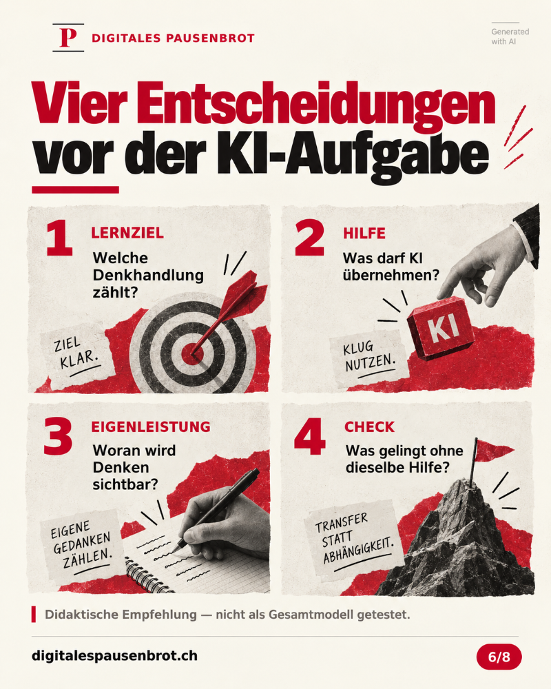 Vier nummerierte Entscheidungen in einer 2-mal-2-Anordnung. Leserichtung: 1 oben links, Lernziel — Welche Denkhandlung zählt? 2 oben rechts, Hilfe — Was darf KI übernehmen? 3 unten links, Eigenleistung — Woran wird Denken sichtbar? 4 unten rechts, Check — Was gelingt ohne dieselbe Hilfe? Nummern, Überschriften und Pfeilrichtung kennzeichnen die Reihenfolge unabhängig von Farbe. Der Check führt aus der KI-Hilfe heraus. Es handelt sich um eine didaktische Empfehlung, nicht um ein als Ganzes getestetes Modell.