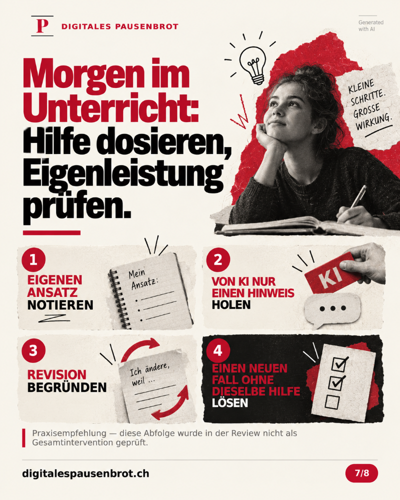 Vier nummerierte Prozesskarten in Leserichtung 1 bis 4: 1 eigenen Ansatz notieren, 2 von der KI nur einen Hinweis holen, 3 die Revision begründen, 4 einen neuen Fall ohne dieselbe Hilfe lösen. Jede Karte nennt ihr sichtbares Arbeitsprodukt: Ansatz, Hinweis, Begründung, Transfer. Nummern und Text machen die Reihenfolge unabhängig von Farbe verständlich. Diese Praxisabfolge wurde in der Review nicht als Gesamtintervention geprüft.
