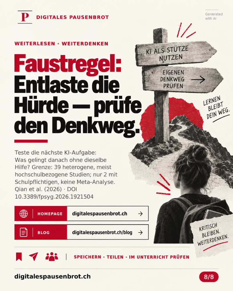Leserichtung von oben nach unten. Faustregel: Entlaste die Hürde und prüfe den Denkweg. Handlungsfrage: Was gelingt nach der nächsten KI-Aufgabe ohne dieselbe Hilfe? Danach die Evidenzgrenze: 39 heterogene, meist hochschulbezogene Studien; nur 2 untersuchten schulpflichtige Lernende; keine Meta-Analyse. Es folgen die Quelle Qian et al. (2026), DOI 10.3389/fpsyg.2026.1921504 sowie digitalespausenbrot.ch und digitalespausenbrot.ch/blog. Abschnitte und Beschriftungen tragen die Bedeutung; Farbe ist nicht erforderlich.