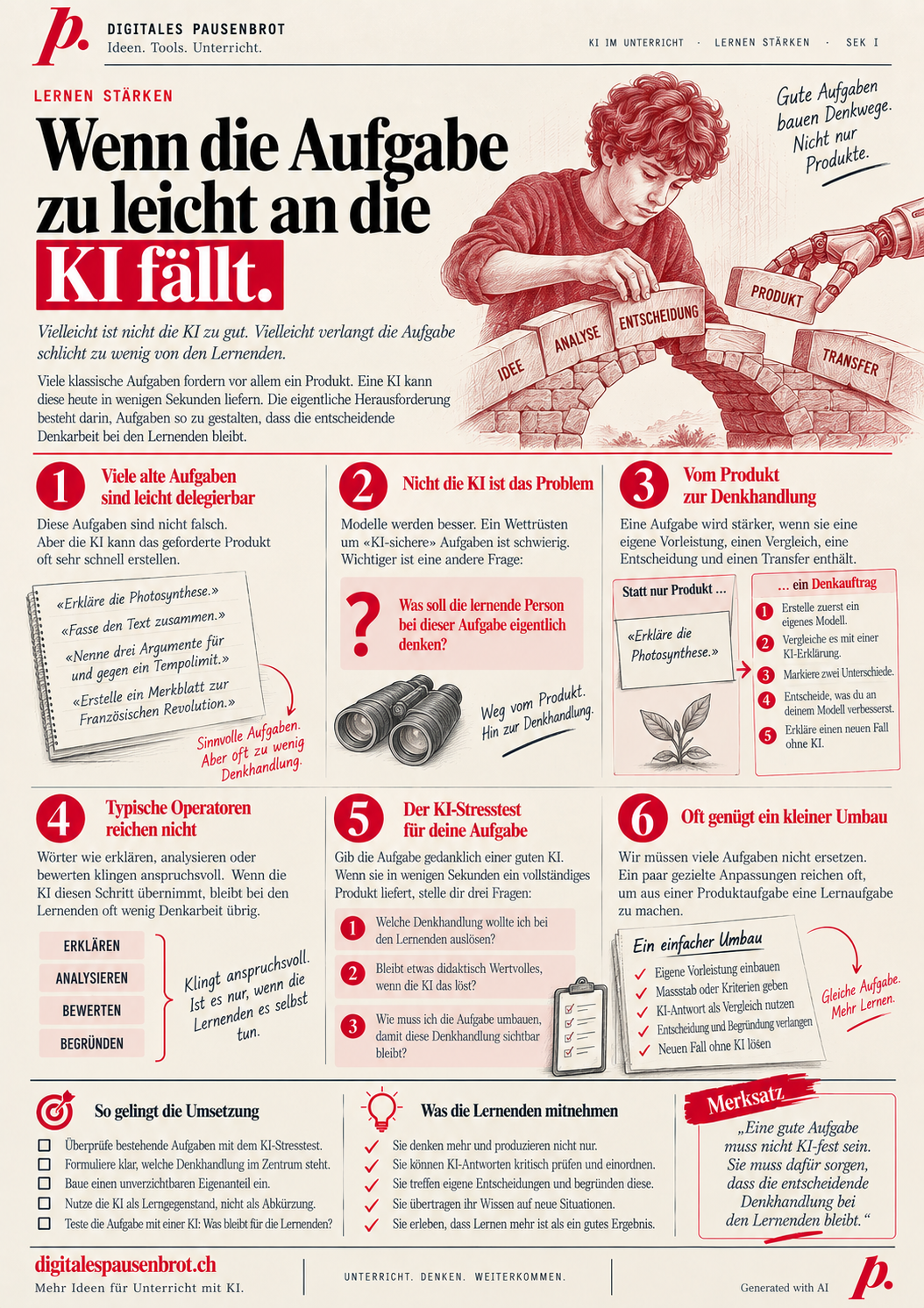 Infografik «Wenn die Aufgabe zu leicht an die KI fällt» mit sechs Punkten vom delegierbaren Produkt zur Denkhandlung, dem KI-Stresstest und einem einfachen Aufgabenumbau.