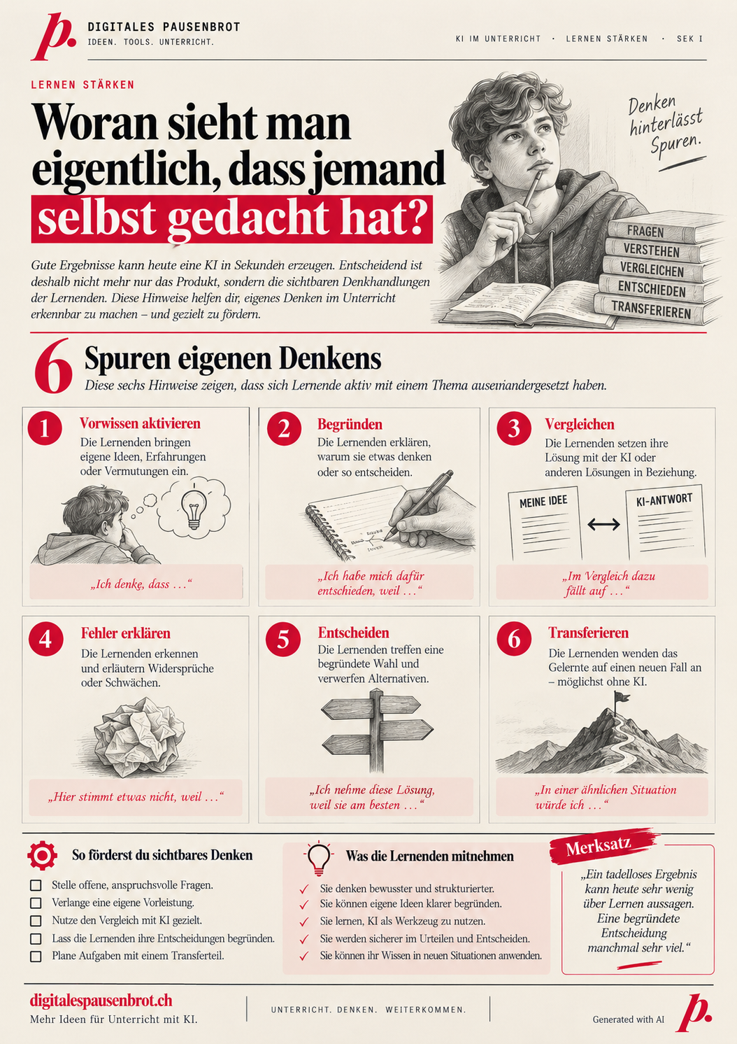 Infografik «Woran sieht man eigentlich, dass jemand selbst gedacht hat?» mit sechs Spuren eigenen Denkens: Vorwissen aktivieren, Begründen, Vergleichen, Fehler erklären, Entscheiden, Transferieren.