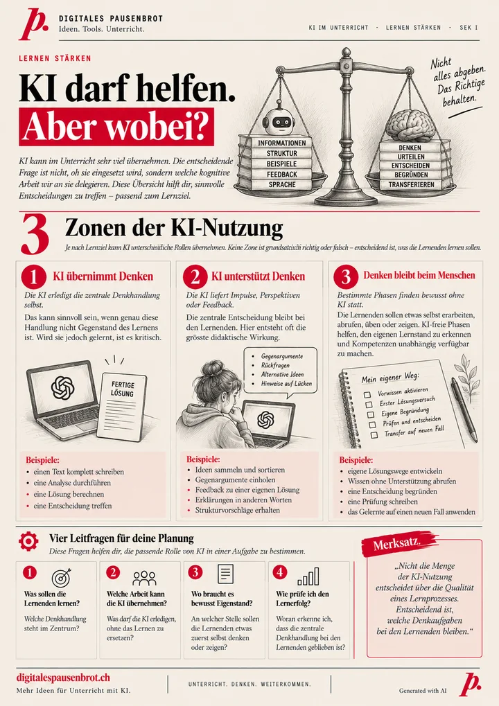 Infografik «KI darf helfen. Aber wobei?» mit drei Zonen der KI-Nutzung: KI übernimmt Denken, KI unterstützt Denken, Denken bleibt beim Menschen, sowie vier Leitfragen für die Planung.
