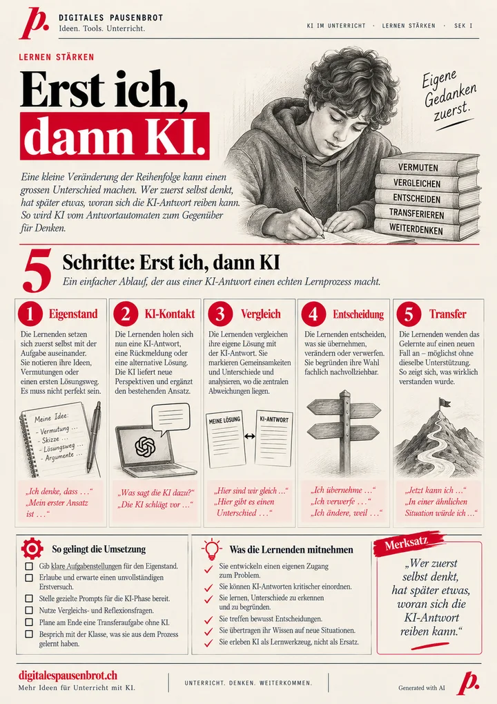 Infografik «Erst ich, dann KI» mit fünf Schritten: Eigenstand, KI-Kontakt, Vergleich, Entscheidung, Transfer, dazu Umsetzungstipps und Merksatz.