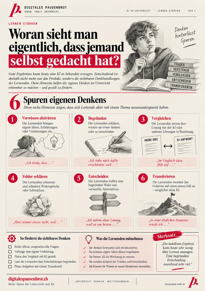 Infografik «Woran sieht man eigentlich, dass jemand selbst gedacht hat?» mit sechs Spuren eigenen Denkens: Vorwissen aktivieren, Begründen, Vergleichen, Fehler erklären, Entscheiden, Transferieren.