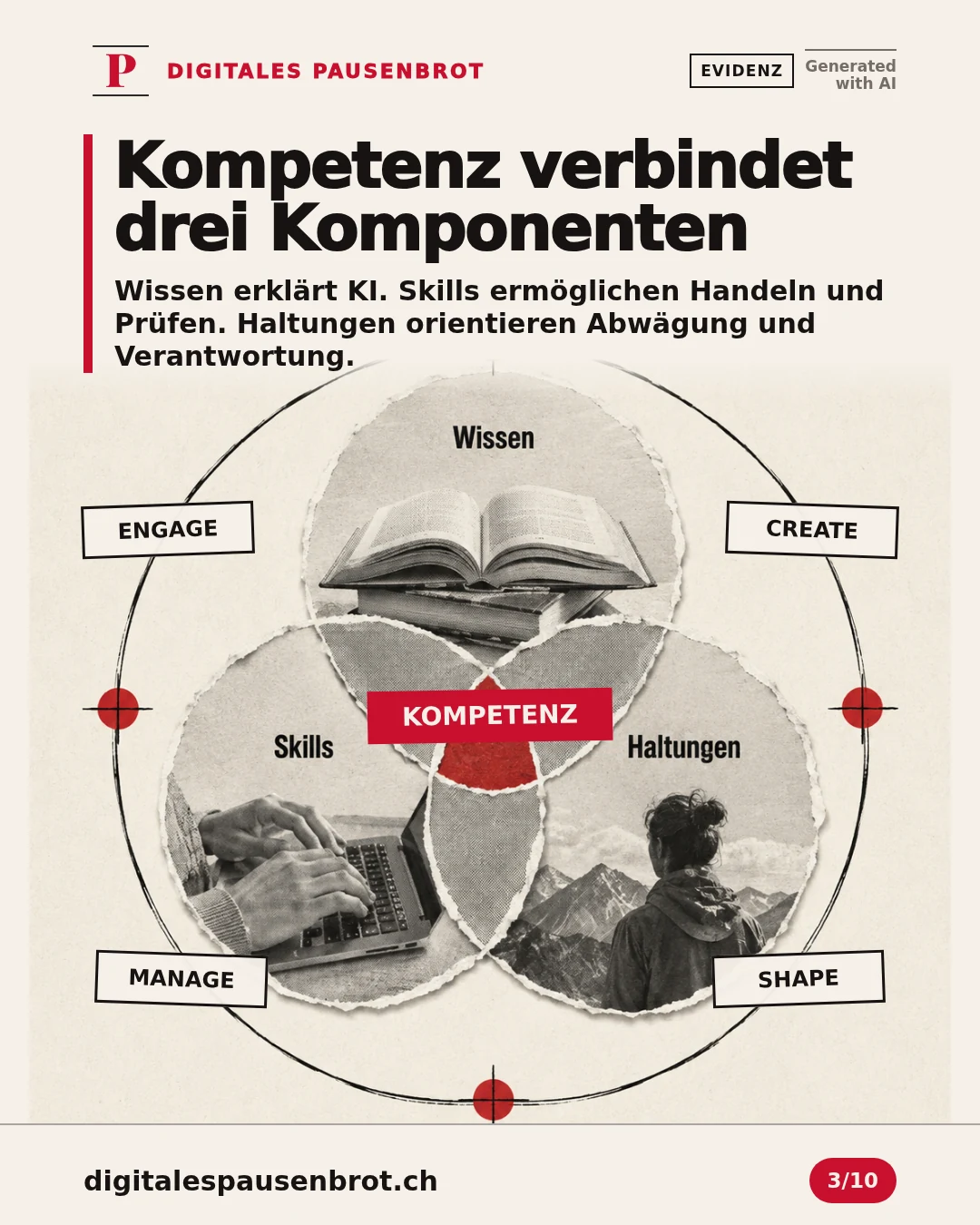 Wissen, Skills und Haltungen überschneiden sich zur Kompetenz; die vier Domänen bilden den Anwendungskontext.