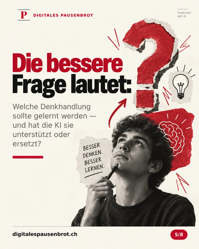 Ein typografischer Wendepunkt mit einer einzigen Frage, von oben nach unten zu lesen: Welche Denkhandlung sollte gelernt werden — und hat die KI sie unterstützt oder ersetzt? Die Wörter «unterstützt» und «ersetzt» sind ausgeschrieben; der Gegensatz wird nicht allein über Farbe vermittelt.
