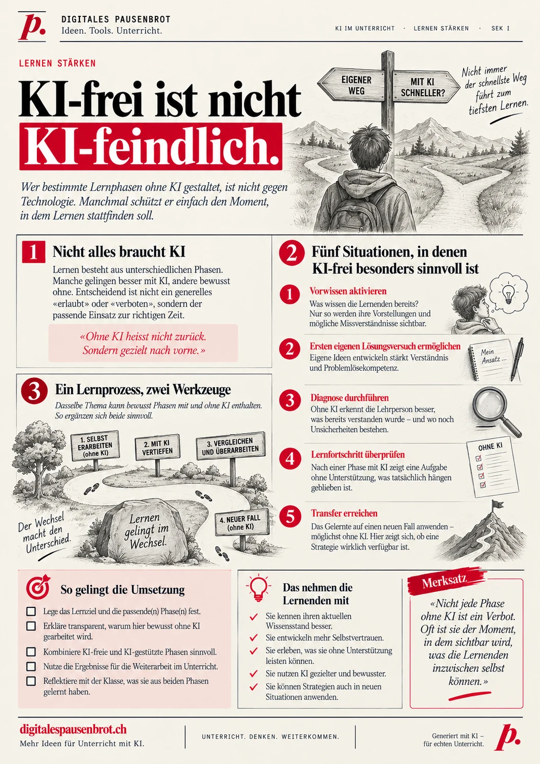 Infografik «KI-frei ist nicht KI-feindlich» mit fünf Situationen für KI-freie Phasen: Vorwissen aktivieren, erster eigener Lösungsversuch, Diagnose, Lernfortschritt überprüfen, Transfer.