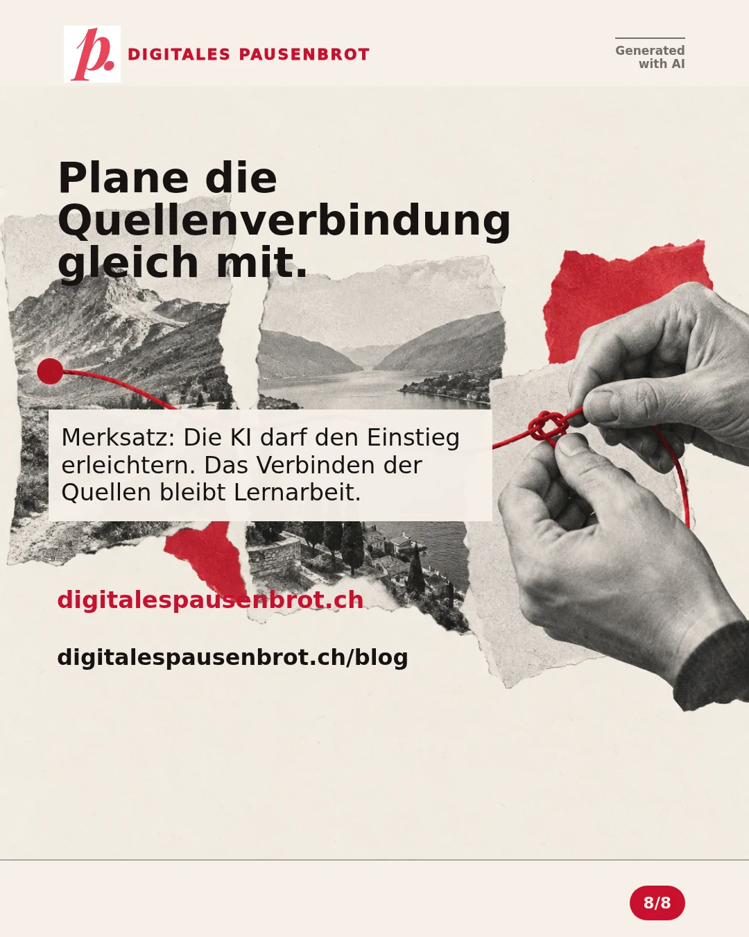 Plane die Quellenverbindung gleich mit. Merksatz: Die KI darf den Einstieg erleichtern. Das Verbinden der Quellen bleibt Lernarbeit. Vertiefung auf digitalespausenbrot.ch und digitalespausenbrot.ch/blog