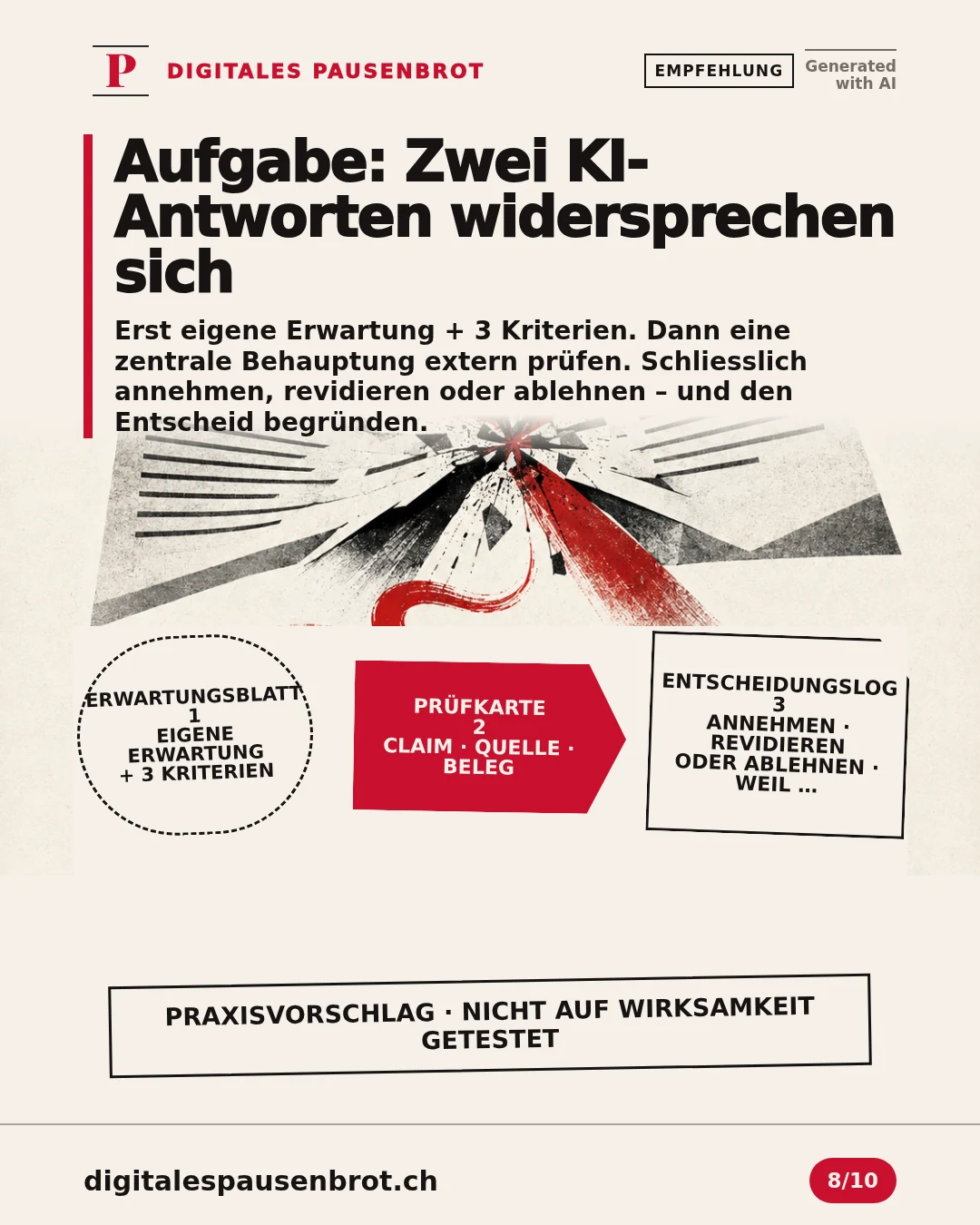 Zwei widersprüchliche KI-Antworten werden mit eigener Erwartung, drei Kriterien und externer Evidenz geprüft und begründet beurteilt.