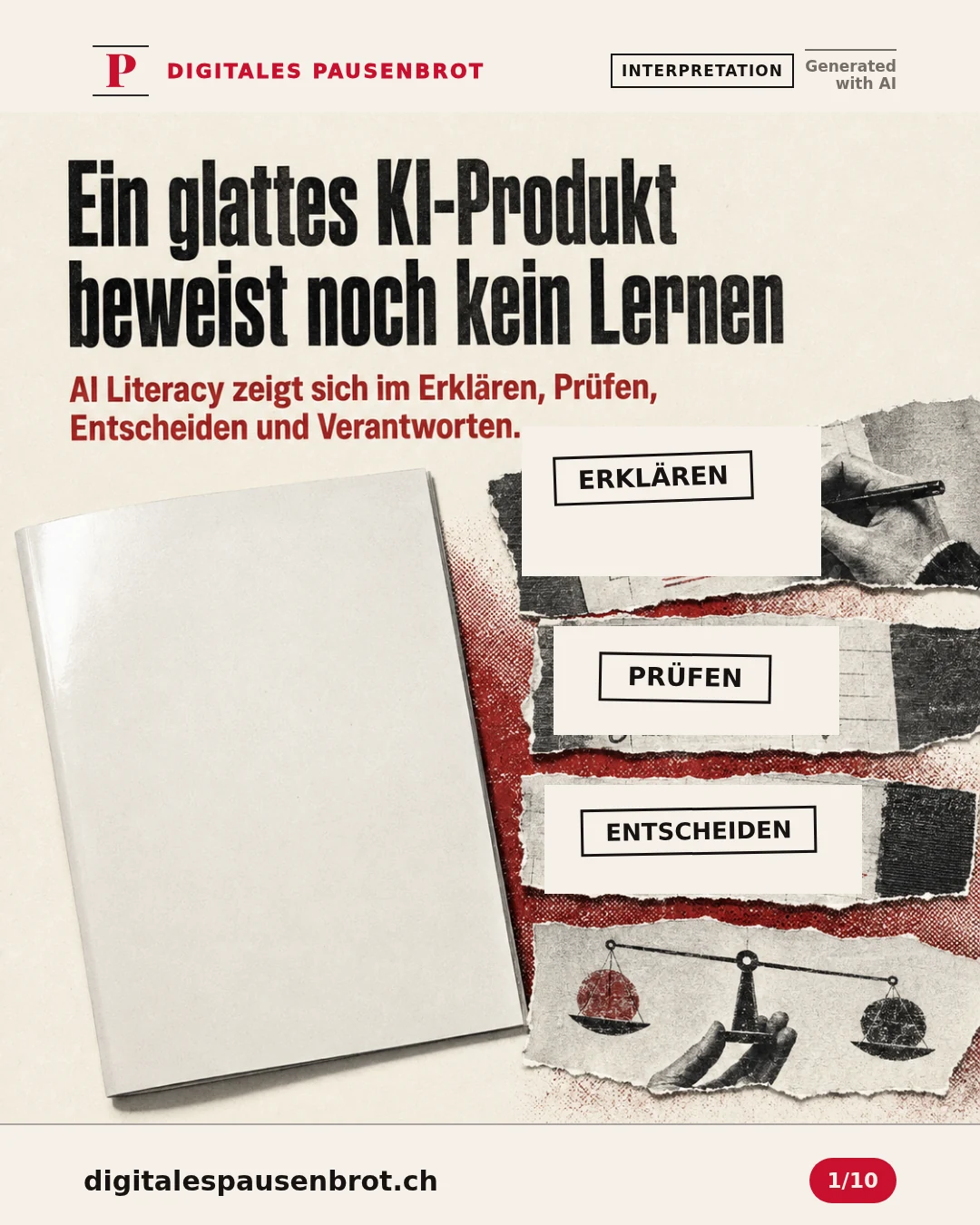 Ein glattes KI-Produkt steht vier sichtbaren Denkspuren gegenüber: erklären, prüfen, entscheiden und verantworten.