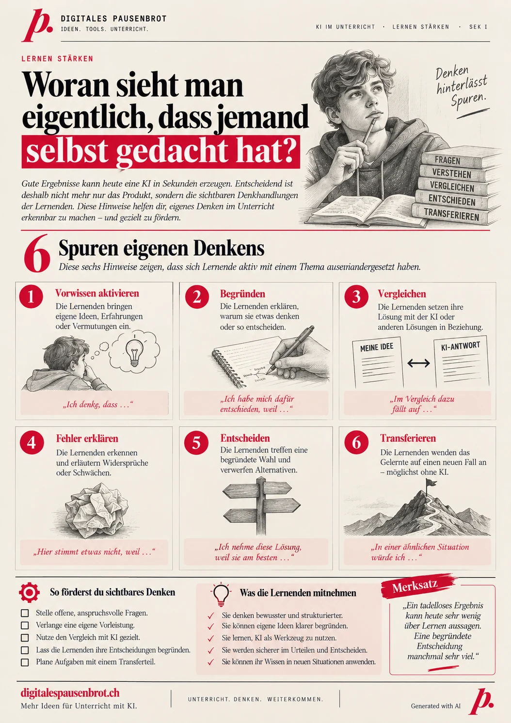 Infografik «Woran sieht man eigentlich, dass jemand selbst gedacht hat?» mit sechs Spuren eigenen Denkens: Vorwissen aktivieren, Begründen, Vergleichen, Fehler erklären, Entscheiden, Transferieren.