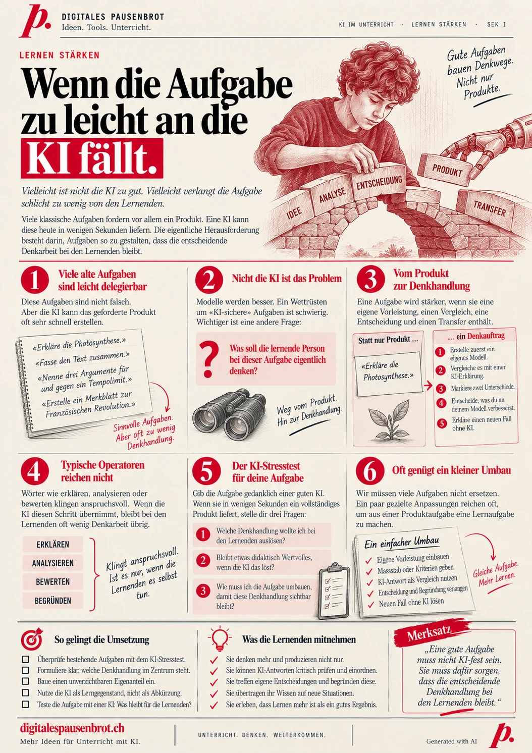 Infografik «Wenn die Aufgabe zu leicht an die KI fällt» mit sechs Punkten vom delegierbaren Produkt zur Denkhandlung, dem KI-Stresstest und einem einfachen Aufgabenumbau.