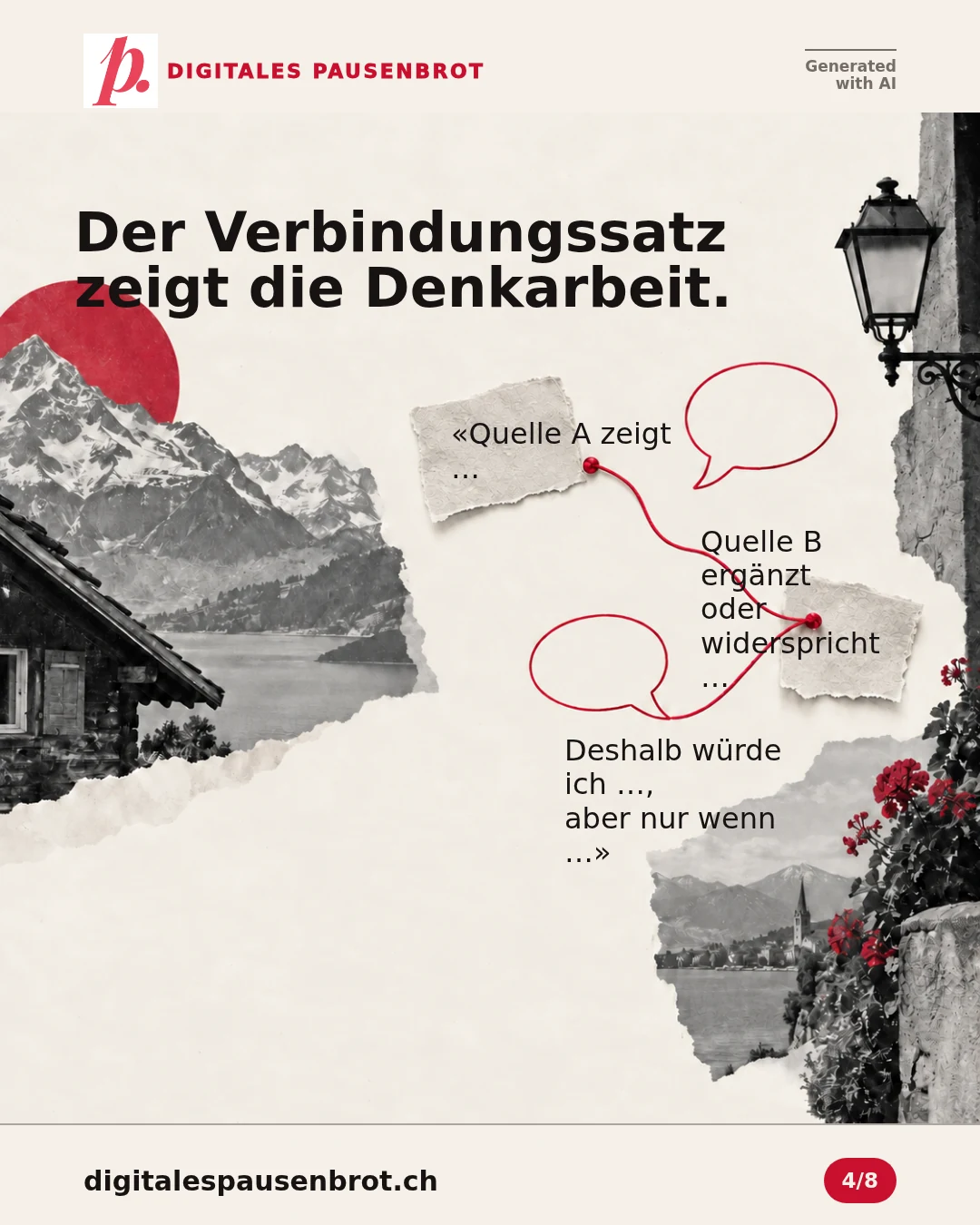 Der Verbindungssatz zeigt die Denkarbeit. «Quelle A zeigt … Quelle B ergänzt oder widerspricht … Deshalb würde ich …, aber nur wenn …»