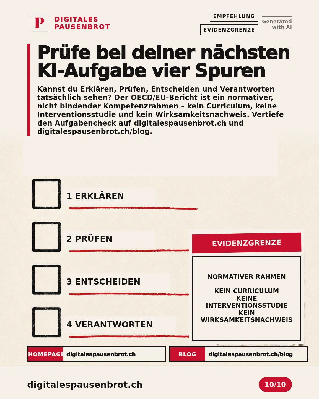 Vier Prüfkästchen fragen nach sichtbarem Erklären, Prüfen, Entscheiden und Verantworten; darunter stehen die Grenzen des OECD/EU-Rahmens.