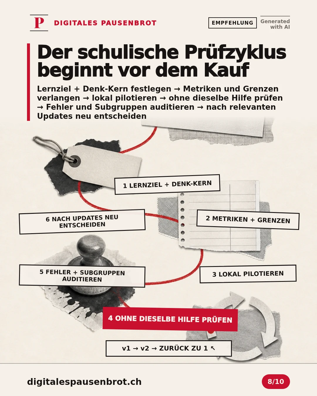 Ein schulischer Prüfzyklus führt vom Lernziel über Metriken und Pilot zum unabhängigen Nachweis, Audit und erneuten Entscheid nach Updates.