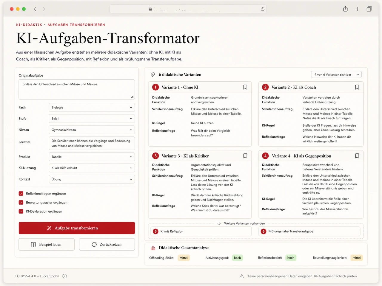 Infografik: KI-Aufgaben-Transformator — sechs didaktische Varianten für Unterrichtsaufgaben