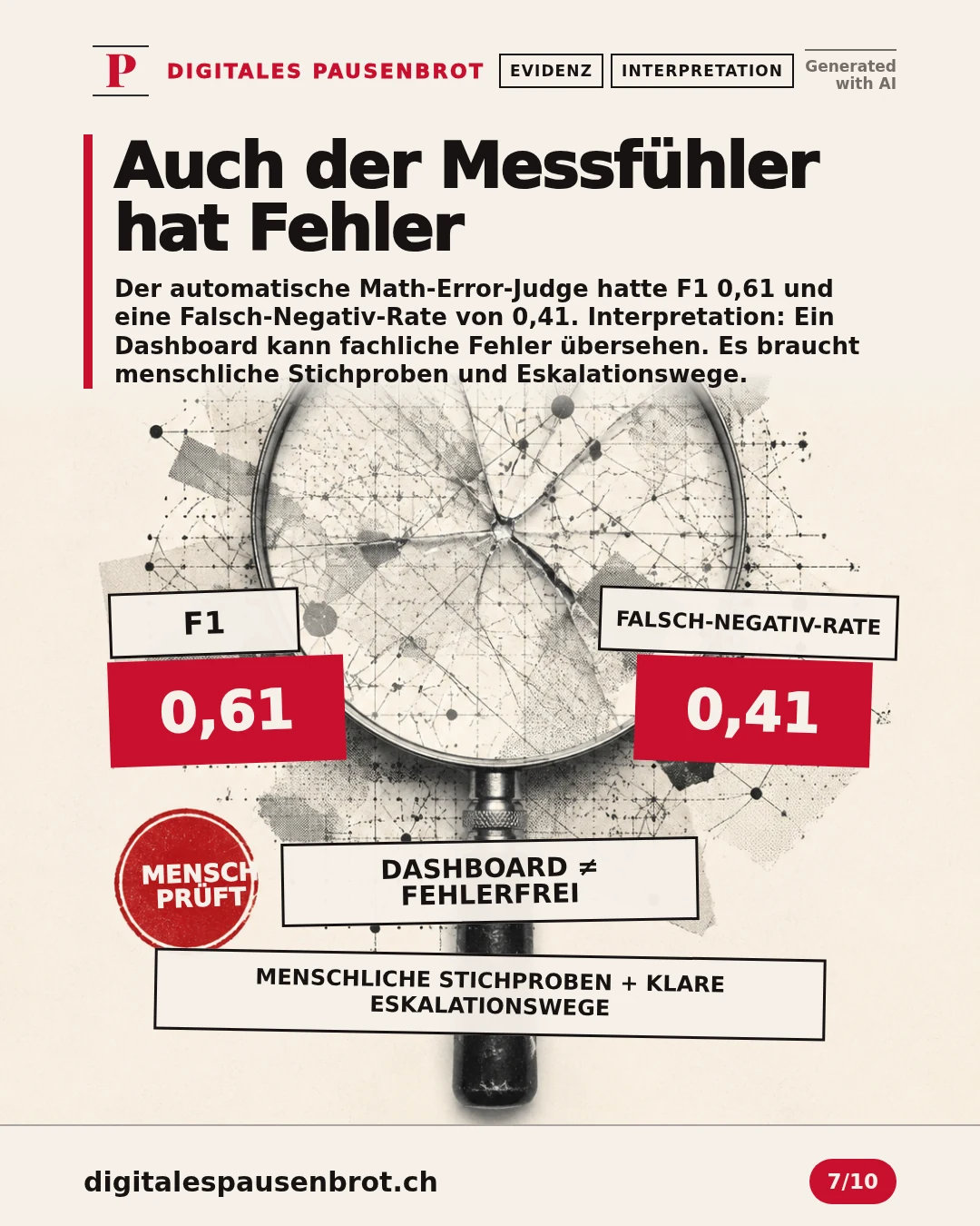 Ein automatischer Prüffilter übersieht gemäss berichteter Falsch-Negativ-Rate einen relevanten Anteil mathematischer Fehler; menschliche Stichproben ergänzen ihn.