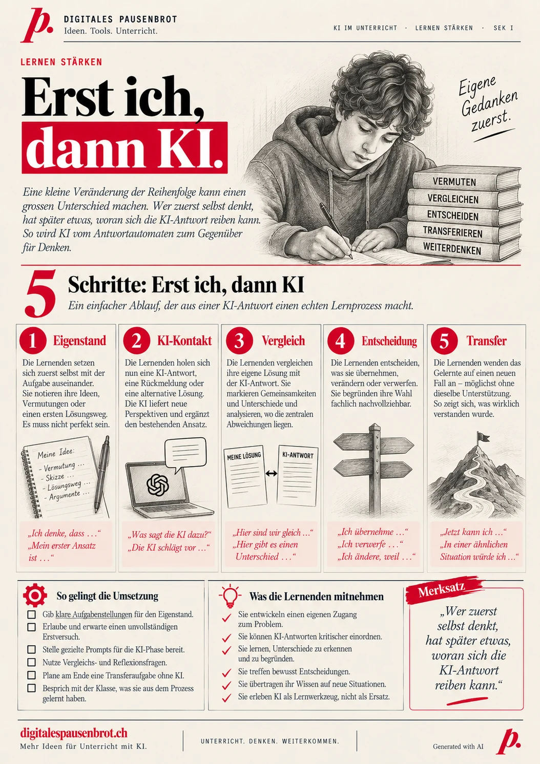 Infografik «Erst ich, dann KI» mit fünf Schritten: Eigenstand, KI-Kontakt, Vergleich, Entscheidung, Transfer, dazu Umsetzungstipps und Merksatz.