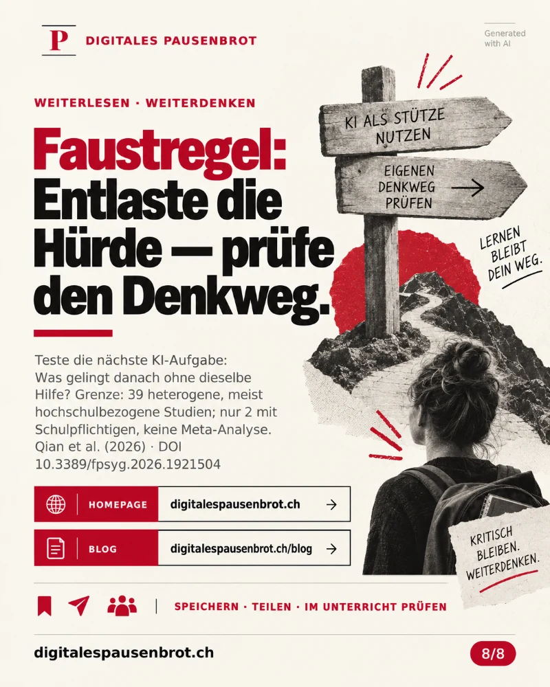 Leserichtung von oben nach unten. Faustregel: Entlaste die Hürde und prüfe den Denkweg. Handlungsfrage: Was gelingt nach der nächsten KI-Aufgabe ohne dieselbe Hilfe? Danach die Evidenzgrenze: 39 heterogene, meist hochschulbezogene Studien; nur 2 untersuchten schulpflichtige Lernende; keine Meta-Analyse. Es folgen die Quelle Qian et al. (2026), DOI 10.3389/fpsyg.2026.1921504 sowie digitalespausenbrot.ch und digitalespausenbrot.ch/blog. Abschnitte und Beschriftungen tragen die Bedeutung; Farbe ist nicht erforderlich.