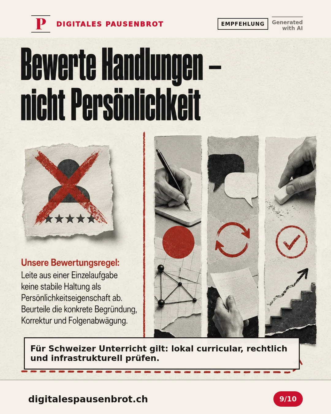 Eine Persönlichkeitsnote wird verworfen; sichtbar bewertet werden Begründung, Reaktion auf Gegenbelege und Fehlerkorrektur. Schweizer Transfer bleibt lokal zu prüfen.
