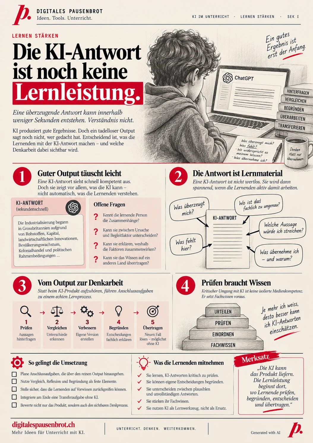 Infografik «Die KI-Antwort ist noch keine Lernleistung» mit vier Teilen: Guter Output täuscht leicht, Die Antwort ist Lernmaterial, Vom Output zur Denkarbeit, Prüfen braucht Wissen.