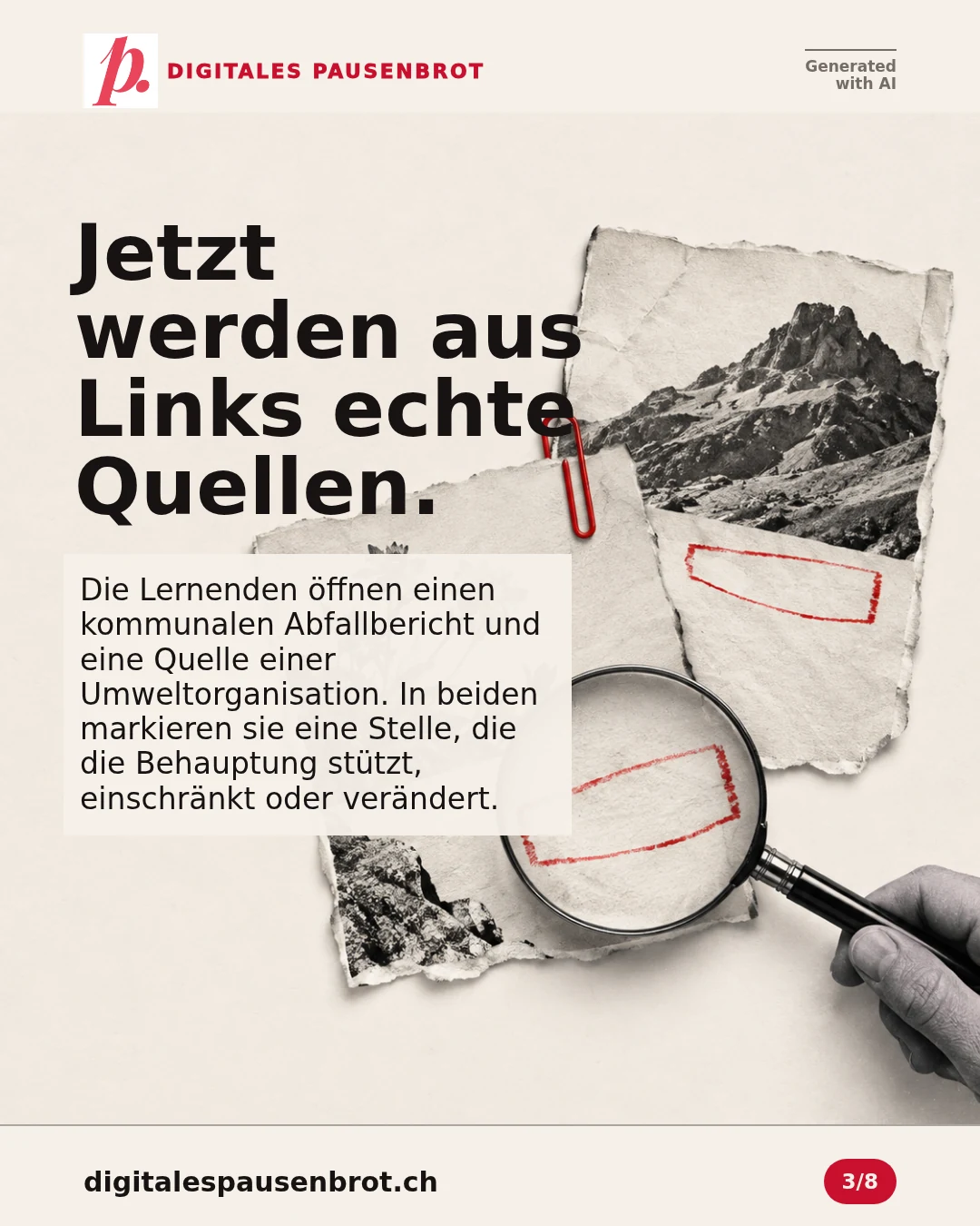Jetzt werden aus Links echte Quellen. Die Lernenden öffnen einen kommunalen Abfallbericht und eine Quelle einer Umweltorganisation. In beiden markieren sie eine Stelle, die die Behauptung stützt, einschränkt oder verändert.