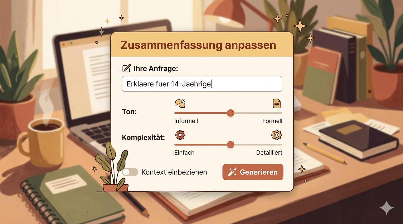 Screenshot: Anpassen-Dialog mit einem ausgefüllten Anweisungstext – zum Beispiel 'Erkläre für 14-Jährige' – und dem Generieren-Button