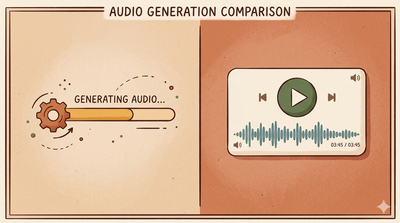 Screenshot: Studioausgaben-Bereich während der Generierung – Ladebalken sichtbar. Daneben: fertiger Audio-Player mit Play-Button und Wellenform