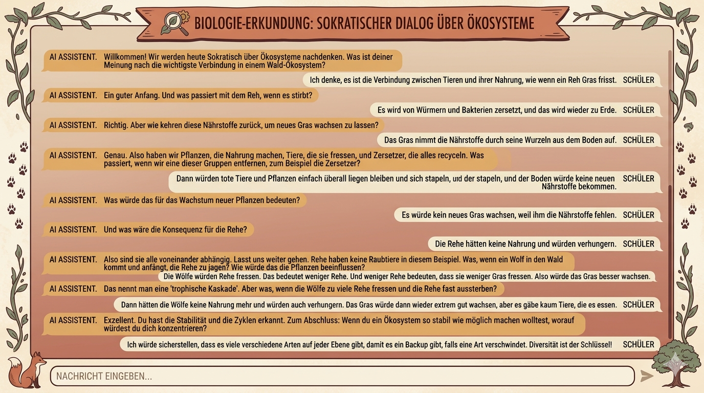 Screenshot: Chat-Verlauf aus der Biologie-Session – mindestens 6 Runden sichtbar, gut formatiert