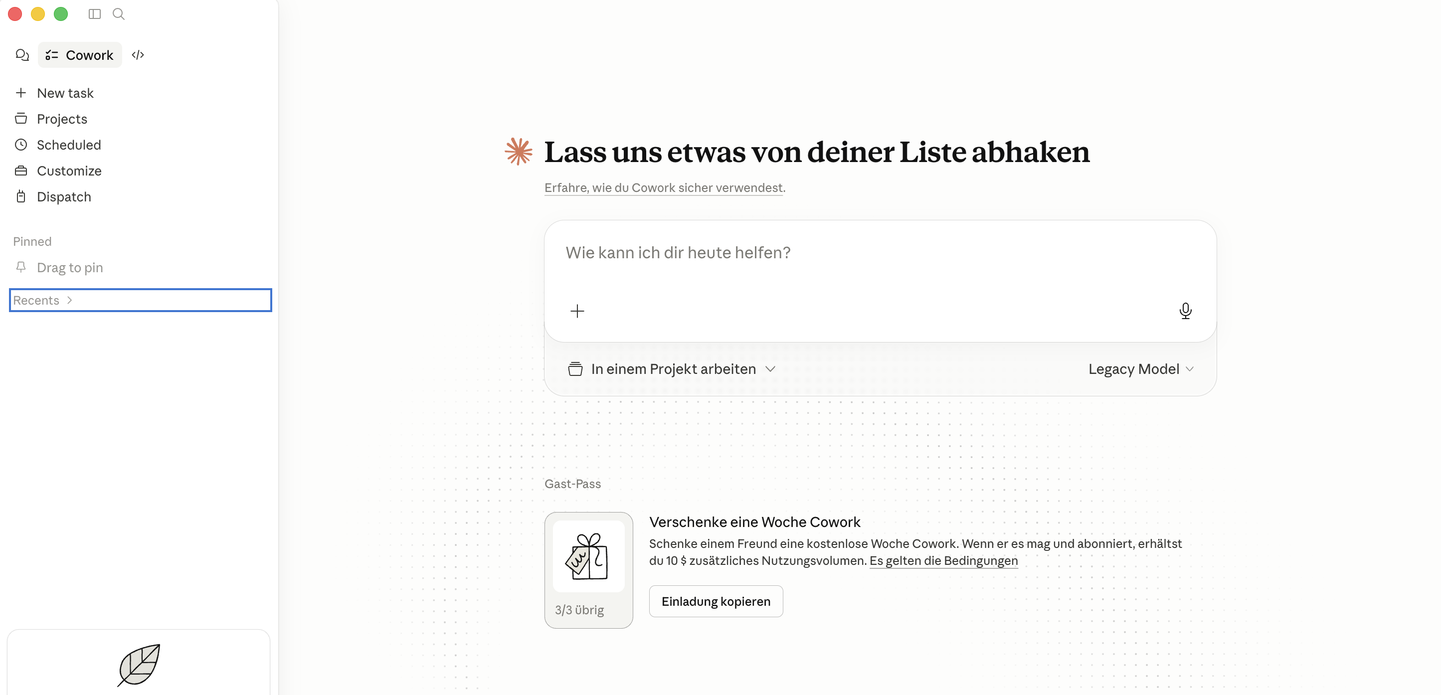 Screenshot: Die Cowork-Startansicht mit dem Button «Work in a folder» und der seitlichen Session-Liste