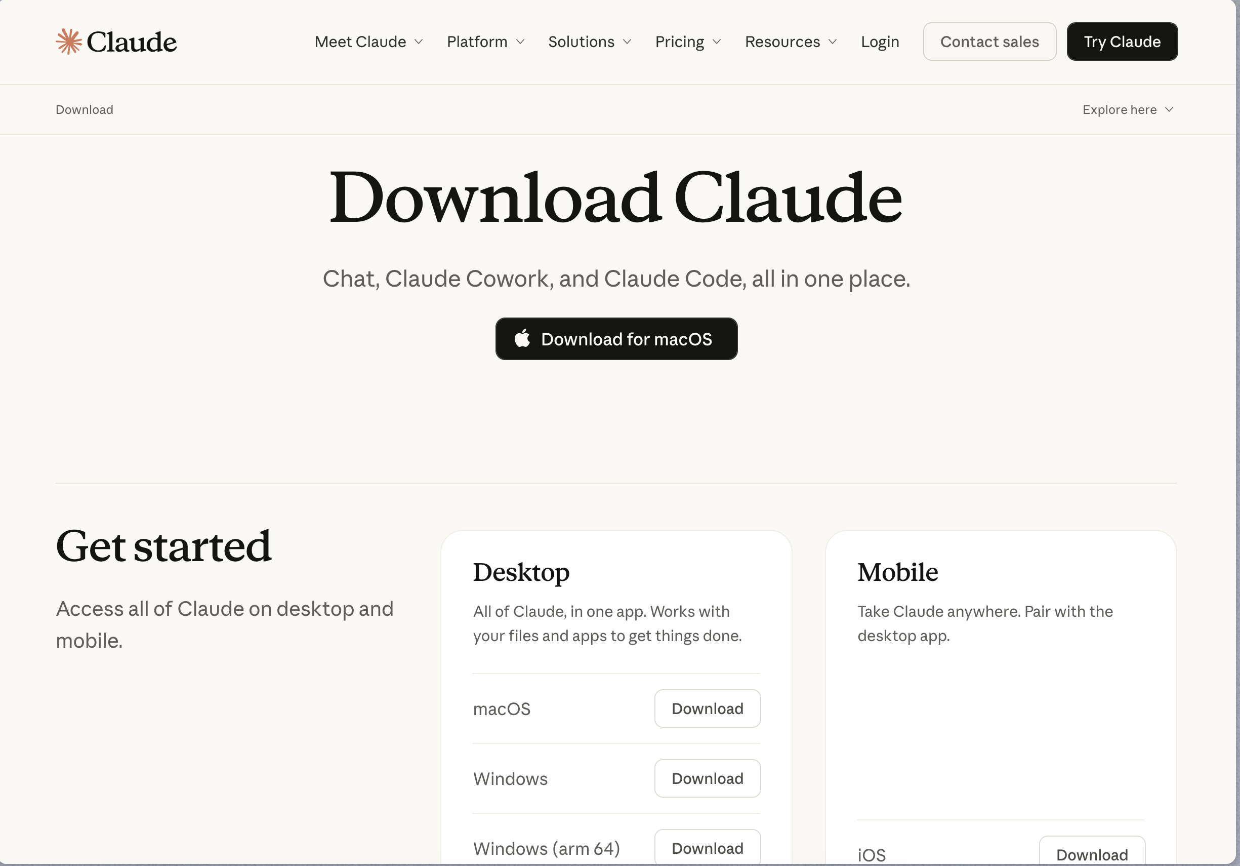 Screenshot: claude.com/download mit den Download-Buttons für Mac und Windows