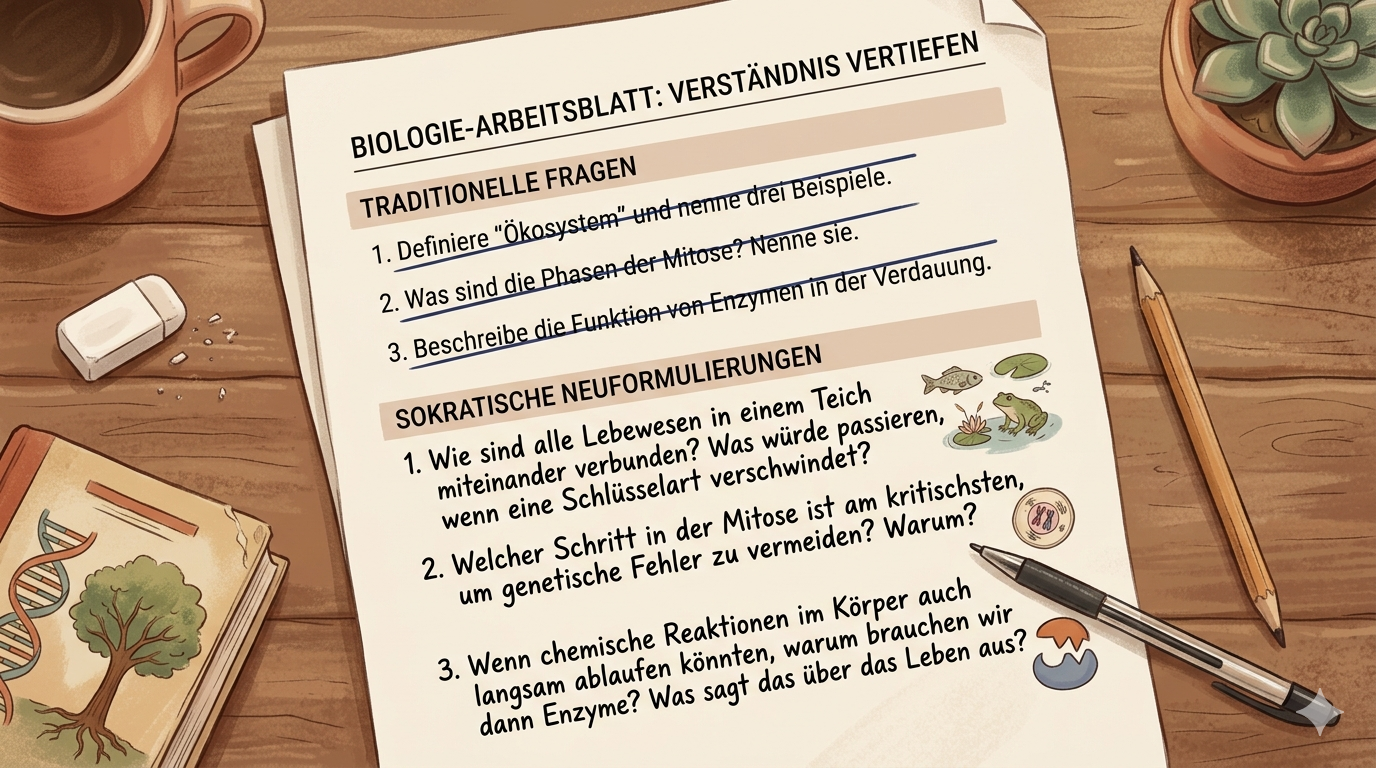 Screenshot: Ausgefülltes Arbeitsblatt als Beispiel – ein Fachthema mit drei umformulierten sokratischen Fragen