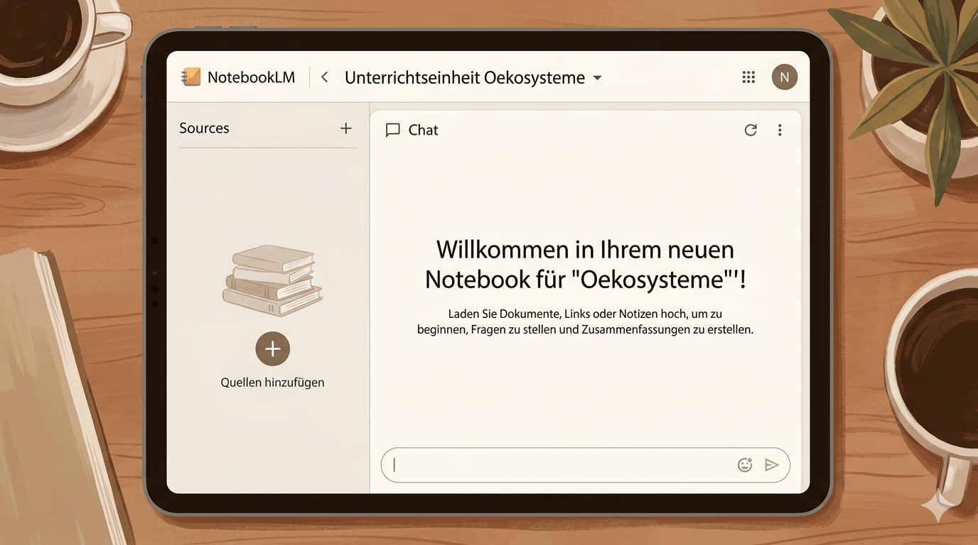 Screenshot: Leeres, neu erstelltes Notebook mit dem Titel 'Unterrichtseinheit Ökosysteme' – Quellen-Panel leer, Chat bereit