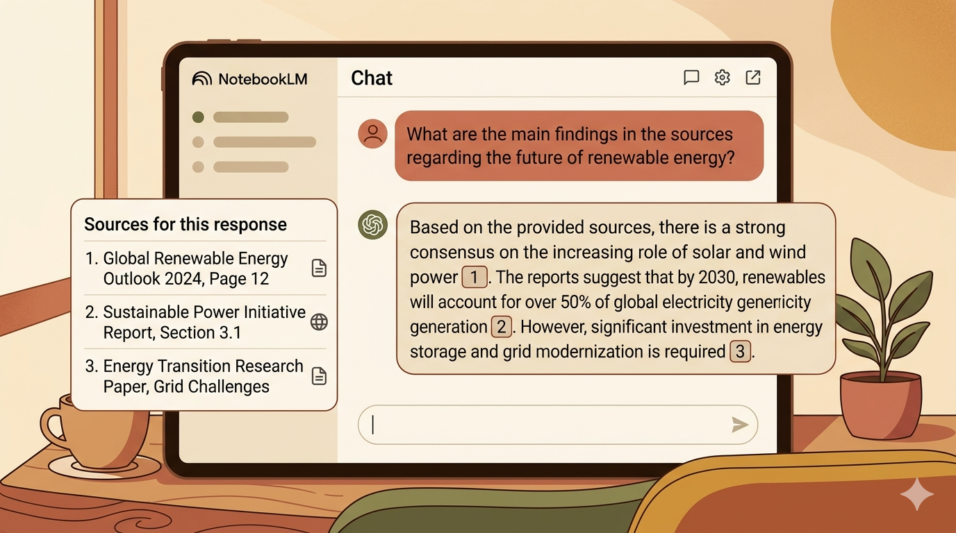 Screenshot: Chat-Bereich mit einer gestellten Frage und der Antwort von NotebookLM – Quellenangaben als nummerierte Fussnoten sichtbar