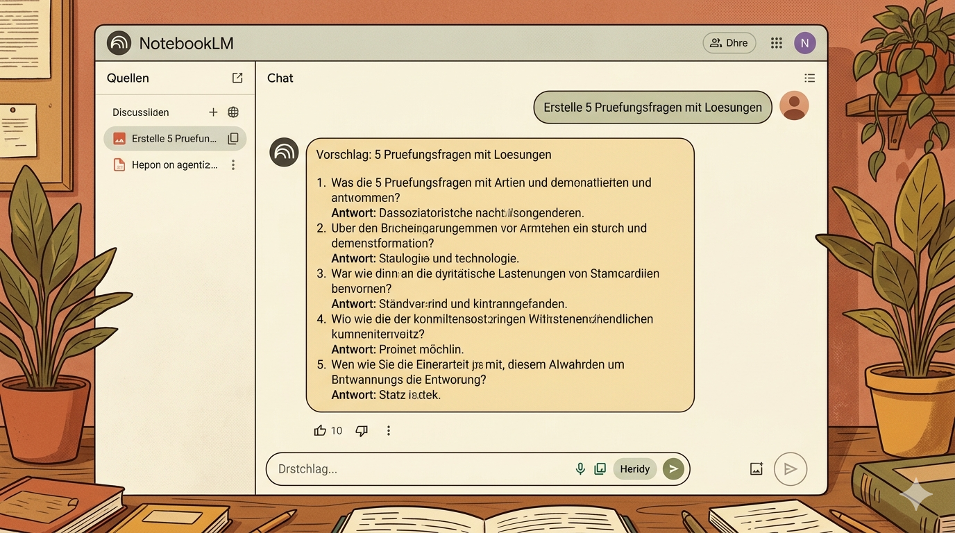 Screenshot: Chat mit dem Prompt 'Erstelle 5 Prüfungsfragen mit Lösungen' und den generierten Fragen inkl. Antworten – bereit zum Kopieren