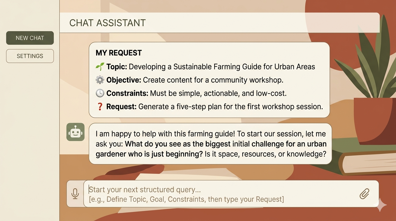 Screenshot: Prompt-Template im ChatGPT- oder Claude-Interface eingegeben, erste KI-Rückfrage sichtbar