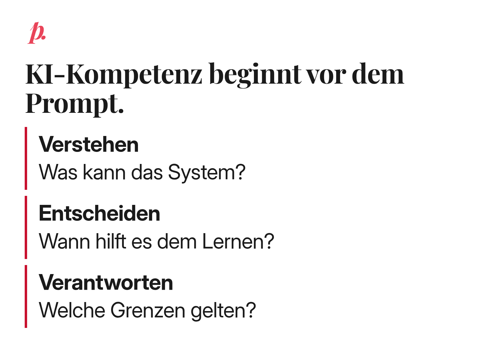 Drei redaktionelle Leitfragen zur KI-Kompetenz: Verstehen, Entscheiden, Verantworten.