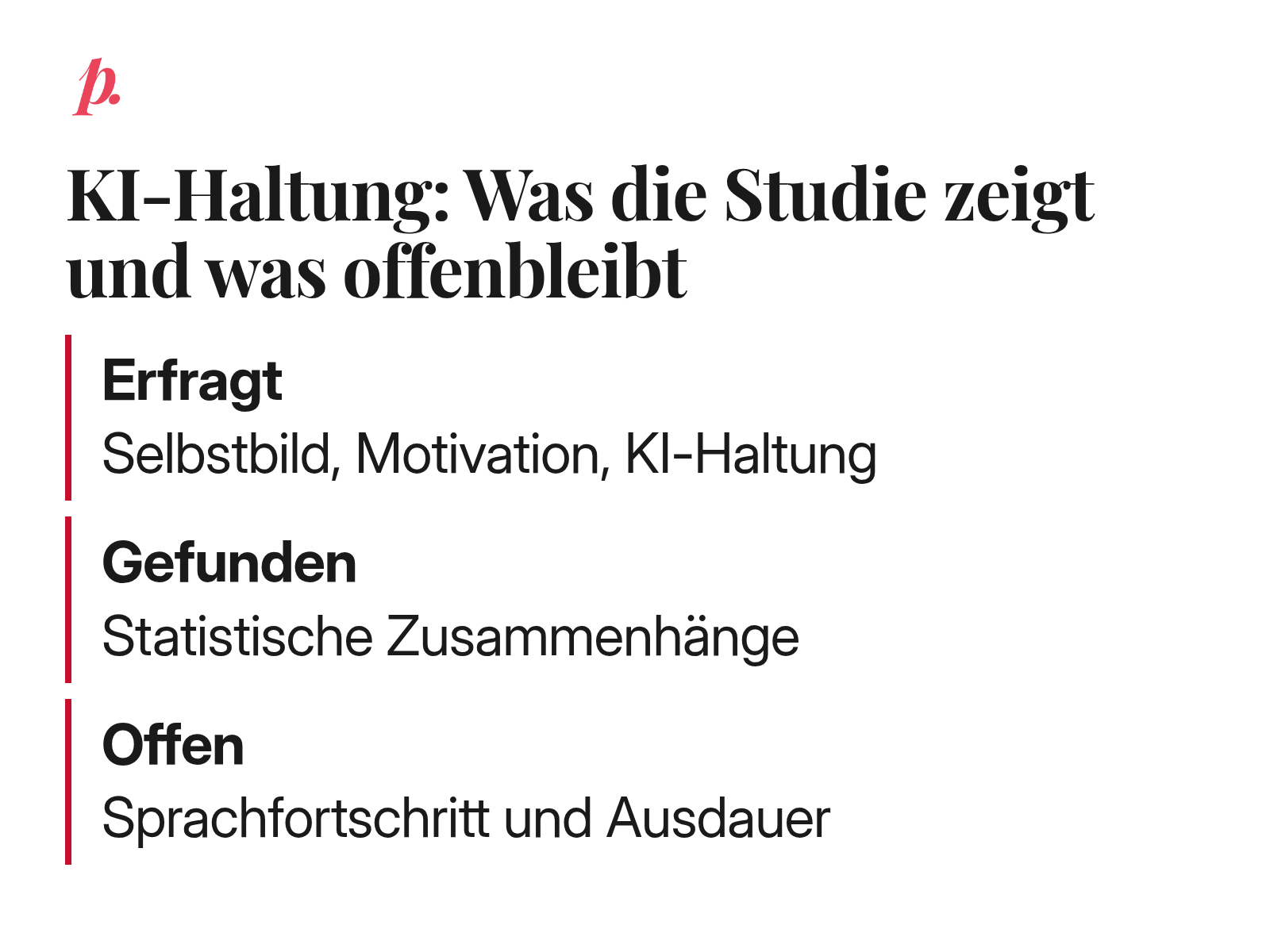 Drei Ebenen der Studie: Erfragt wurden Selbstbild, Motivation und KI-Haltung. Gefunden wurden statistische Zusammenhänge. Sprachfortschritt und Ausdauer bleiben offen; die Übersicht zeigt keine kausale Wirkungskette.