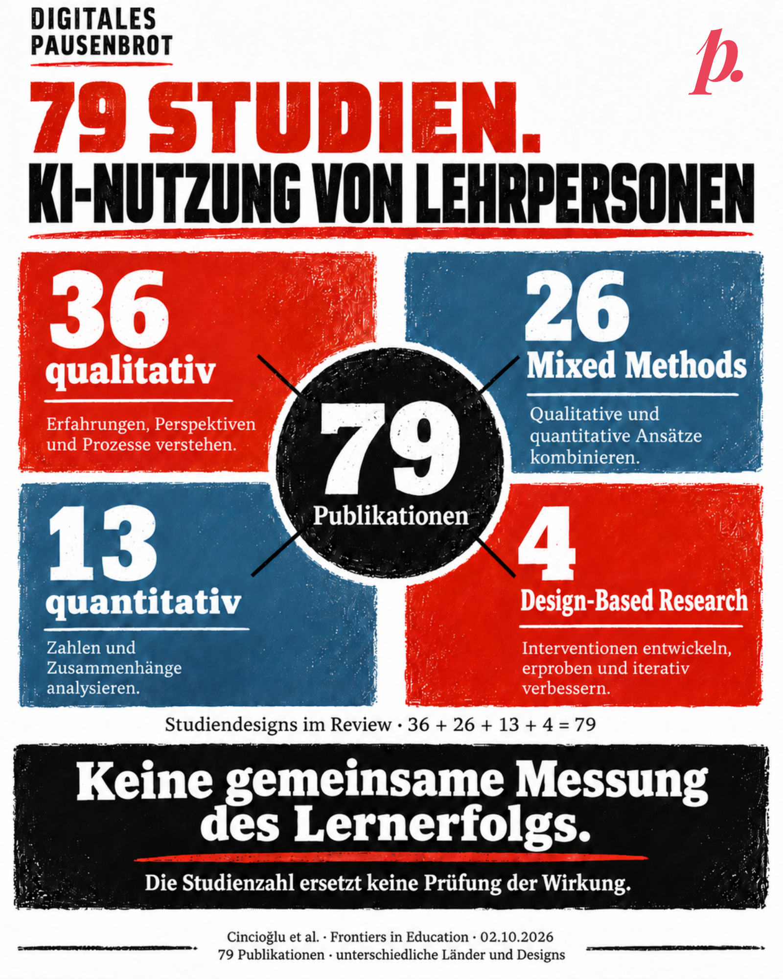 Überschrift:79 Studien. KI-Nutzung von Lehrpersonen. Strukturdiagramm im Linolschnitt-Stil. Zentral 79 Publikationen, verbunden mit vier beschrifteten Kategorien:36 qualitativ,26 Mixed Methods,13 quantitativ und 4 Design-Based Research. Die Flächengrössen sind keine quantitativen Anteile. Die Summe ergibt 79. Fazit: Keine gemeinsame Messung des Lernerfolgs; die Studienzahl ersetzt keine Prüfung der Wirkung. Quelle Cincioğlu et al.,2.Oktober 2026.