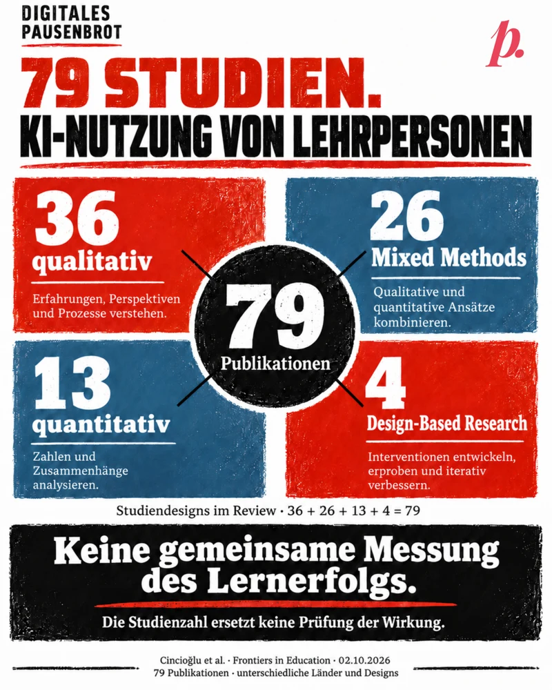 Überschrift:79 Studien. KI-Nutzung von Lehrpersonen. Strukturdiagramm im Linolschnitt-Stil. Zentral 79 Publikationen, verbunden mit vier beschrifteten Kategorien:36 qualitativ,26 Mixed Methods,13 quantitativ und 4 Design-Based Research. Die Flächengrössen sind keine quantitativen Anteile. Die Summe ergibt 79. Fazit: Keine gemeinsame Messung des Lernerfolgs; die Studienzahl ersetzt keine Prüfung der Wirkung. Quelle Cincioğlu et al.,2.Oktober 2026.