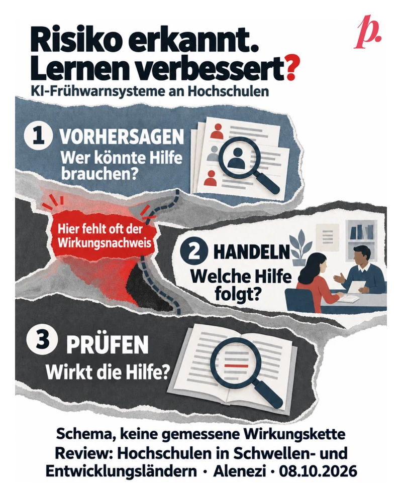 Papiercollage «Risiko erkannt. Lernen verbessert?» zur KI-gestützten Früherkennung an Hochschulen. Drei versetzte Stationen bilden einen Weg: 1 Vorhersagen – wer könnte Hilfe brauchen? 2 Handeln – welche Hilfe folgt? 3 Prüfen – wirkt die Hilfe? Nach der ersten Station liegt eine rot markierte Lücke: Hier fehlt oft der Wirkungsnachweis. Die gestrichelte Verbindung ist ein Schema, keine gemessene Wirkungskette. Grundlage: Alenezi, Discover Education, 08.10.2026, Hochschulen in Schwellen- und Entwicklungsländern. Originalmarke oben rechts.