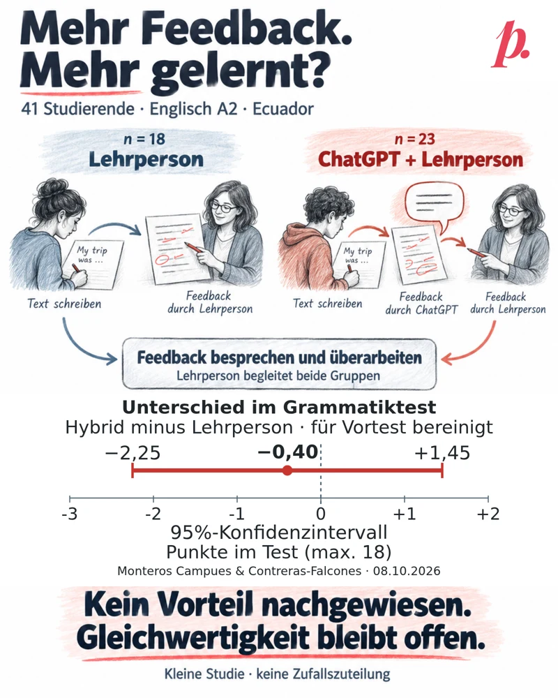 Hochformatige Infografik in Bleistift mit roten Akzenten. Titel: Mehr Feedback. Mehr gelernt? Zwei Feedbackwege für41Studierende in Ecuador: Lehrperson allein,n=18, und ChatGPT plus Lehrperson,n=23. Beide führen zum Besprechen und Überarbeiten mit Lehrpersonenbegleitung. Darunter ein lineares Intervall für die um den Vortest bereinigte Nachtestdifferenz hybrid minus Lehrperson: −0,40Punkte auf einem Grammatiktest mit maximal18Punkten;95%-Konfidenzintervall von−2,25 bis+1,45. Das Intervall schneidet die Null. Schluss: Kein Vorteil nachgewiesen; Gleichwertigkeit bleibt offen. Kleine Studie, keine Zufallszuteilung. Original-Logo oben rechts.
